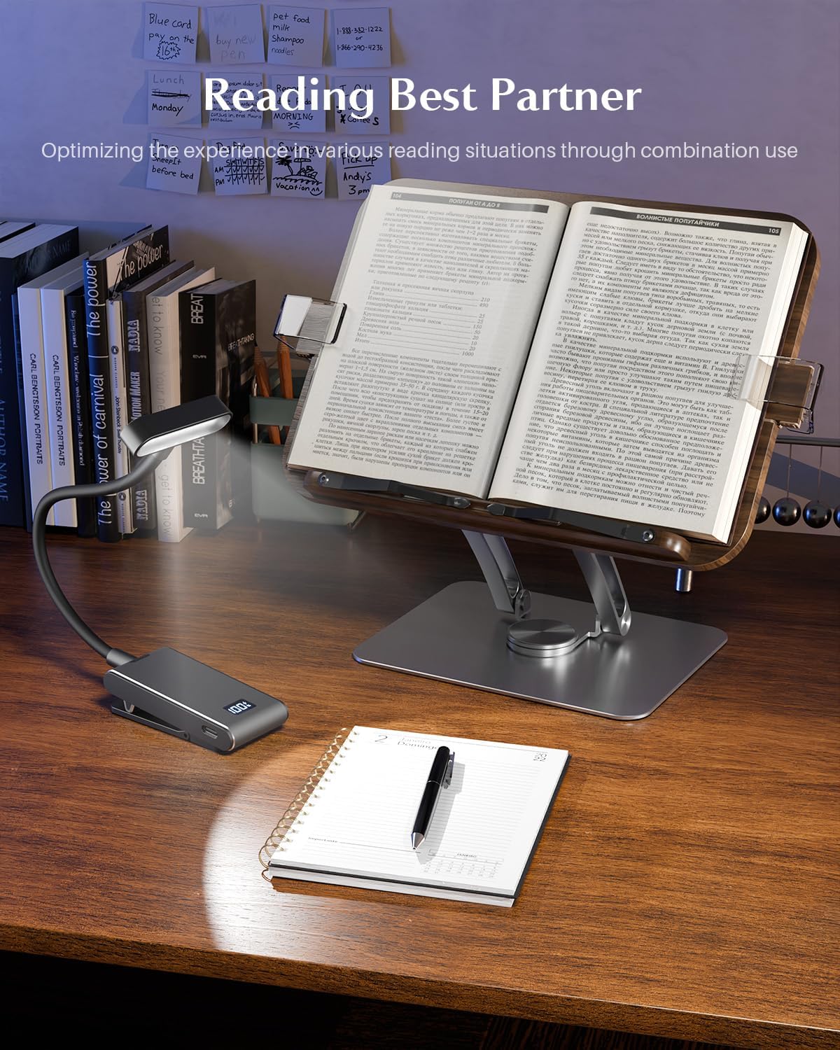 Book Stands for Reading,Adjustable Book Holder with 360° Rotating Metal Base,Foldable Cookbook Stand, Reading Hands Free with ABS Expandable Page Clips for Recipe,Textbook,Laptop