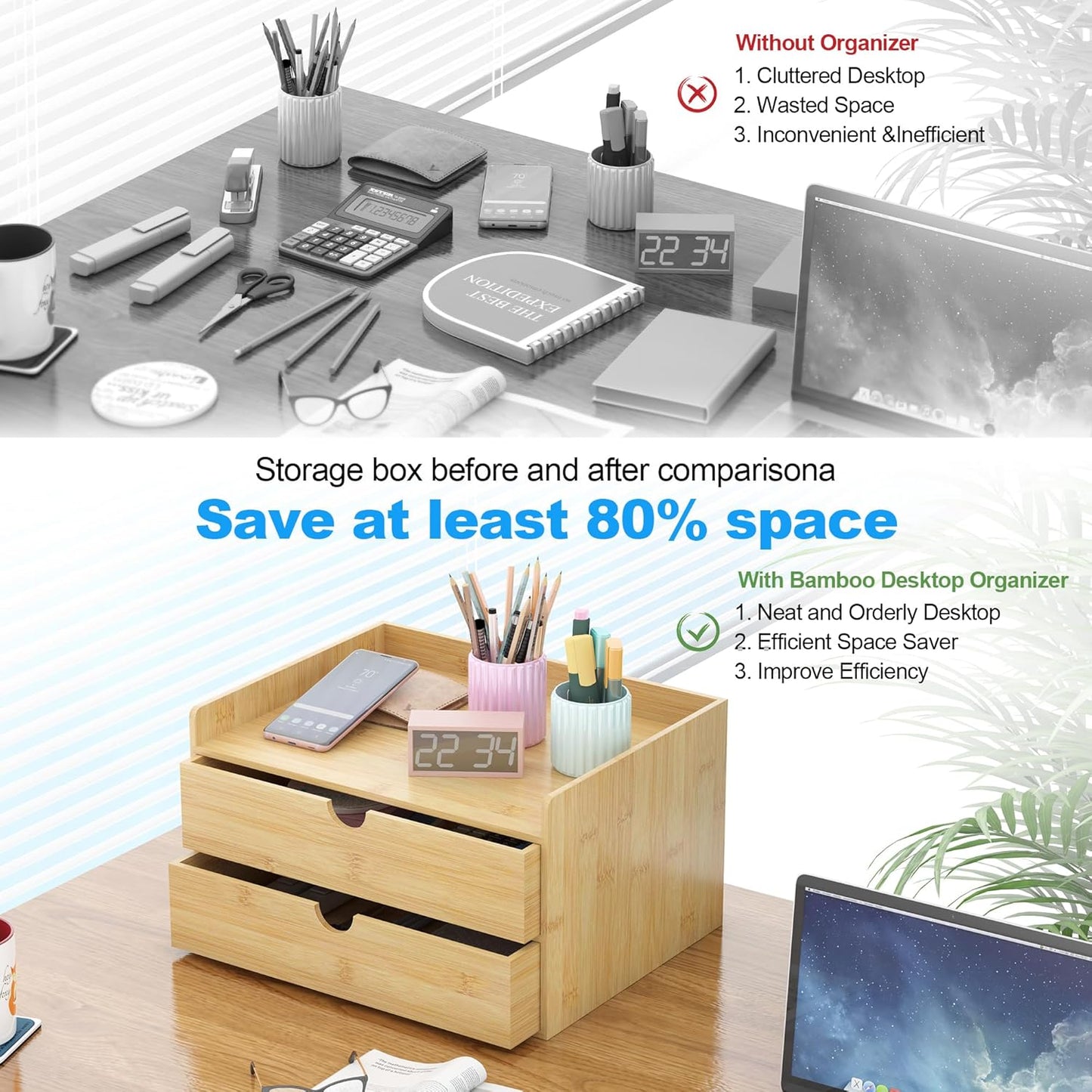 Wisuce Bamboo Desk Drawer Organizer, 3 Drawer Desktop Organizer with Drawers Tabletop Storage Organization Box for Office Home Toiletries Supplies Vanity, No Assembly Required