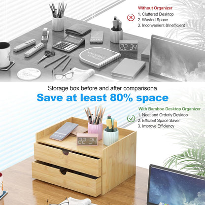 Wisuce Bamboo Desk Drawer Organizer, 3 Drawer Desktop Organizer with Drawers Tabletop Storage Organization Box for Office Home Toiletries Supplies Vanity, No Assembly Required