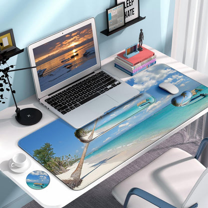 Keyboard Wrist Rest + Mouse Pad with Wrist Support + Desk Mat + Coaster 4 in 1 Set, XXL Large Gaming Mousepad Cute Ergonomic Mouse Pads for Desk Computer Laptop Office Decor-Beach