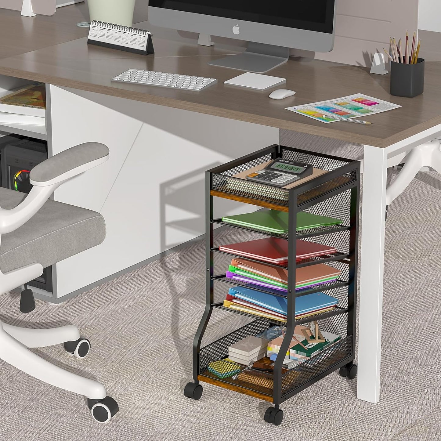 keomaisyto 6-Tier Rolling File Cart with Drawer, Under Desk Storage with Paper Letter Sliding Trays, Standing File Organizer with Wheels, Slim Workspace Organizers for Office/Home/School/Study