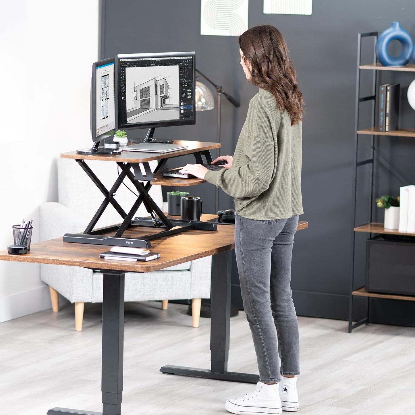 VIVO 26 inch Desk Converter, K Series, Height Adjustable Sit to Stand Riser, Dual Monitor and Laptop Workstation with Keyboard Tray, Black, DESK-V026KB