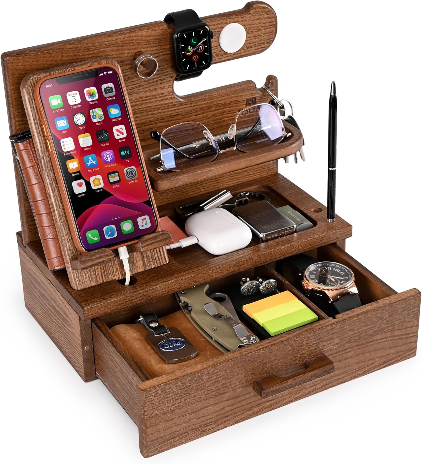 TESLYAR Wood Phone Docking Station with Drawer - Nightstand Organizer - Desk Organizer for Husband - Birthday Gifts for Men, Dad, Anniversary Idea, Key Holder Stand Watch & Accessories (Antique Brown)