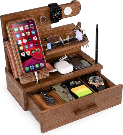 TESLYAR Wood Phone Docking Station with Drawer - Nightstand Organizer - Desk Organizer for Husband - Birthday Gifts for Men, Dad, Anniversary Idea, Key Holder Stand Watch & Accessories (Antique Brown)
