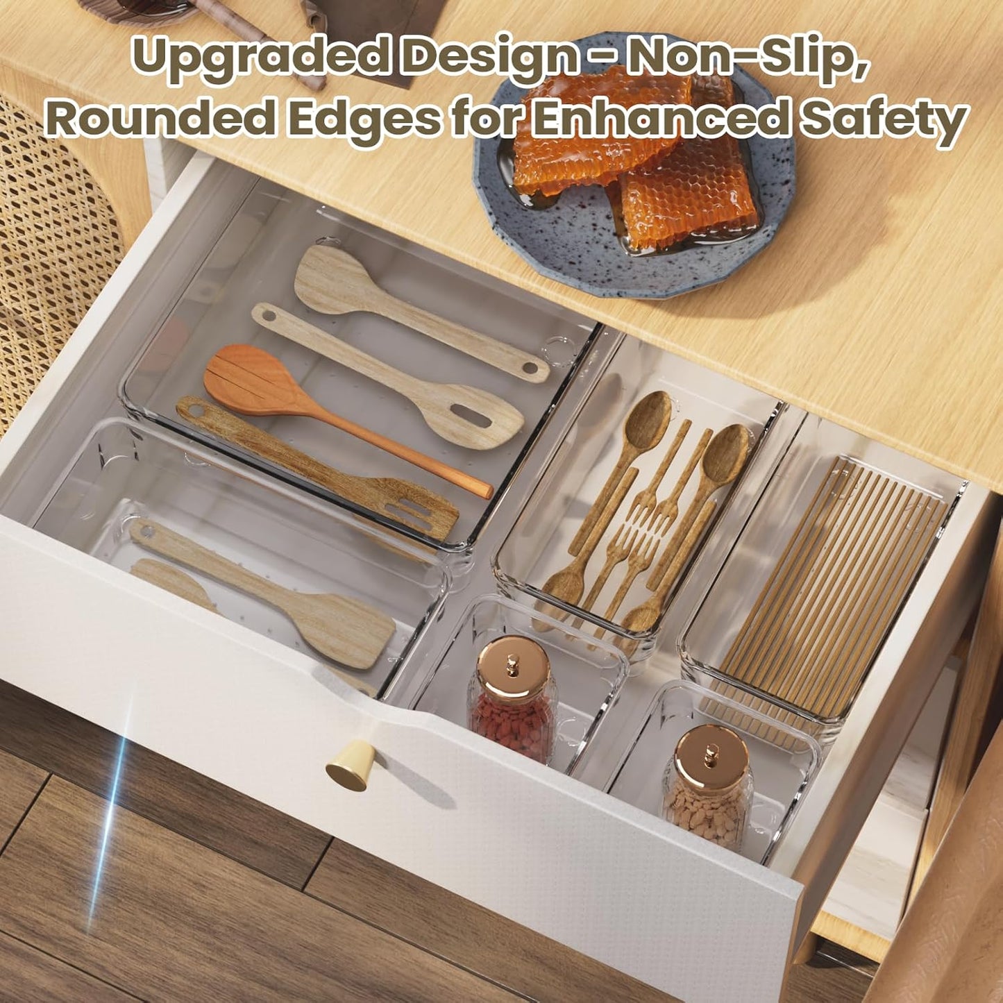 21 PCS Clear Plastic Drawer Organizer Set with 15 Inch Extra Long Bins, 5 Sizes Acrylic Makeup Organizer and Storage Trays, Non Slip Dividers for Vanity, Kitchen and Office
