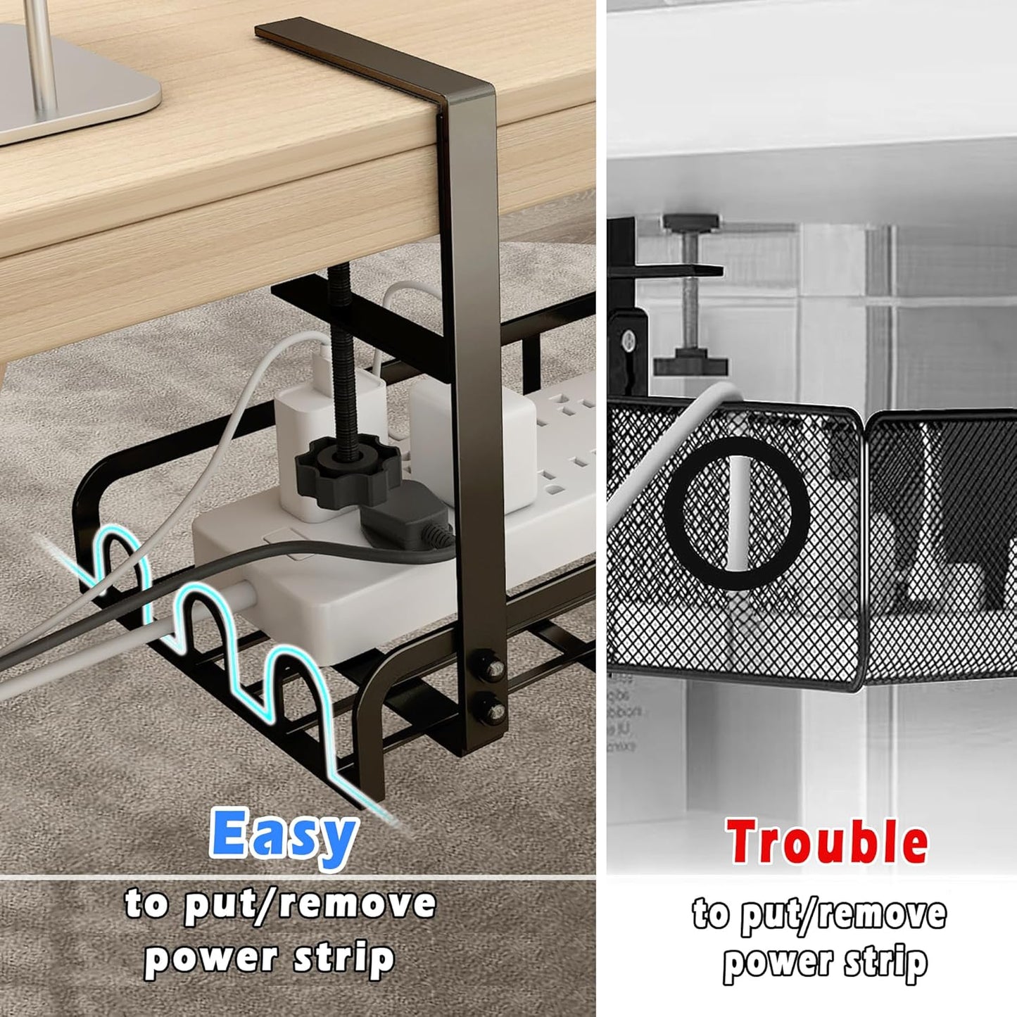 Sleclean Under Desk Cable Management Tray, 2 Pack, 16.6"x4.7" Steel Cable Organizers With Upgraded Long Arm Clamp, No Drill Wire Management for Home - No Damage to Desk