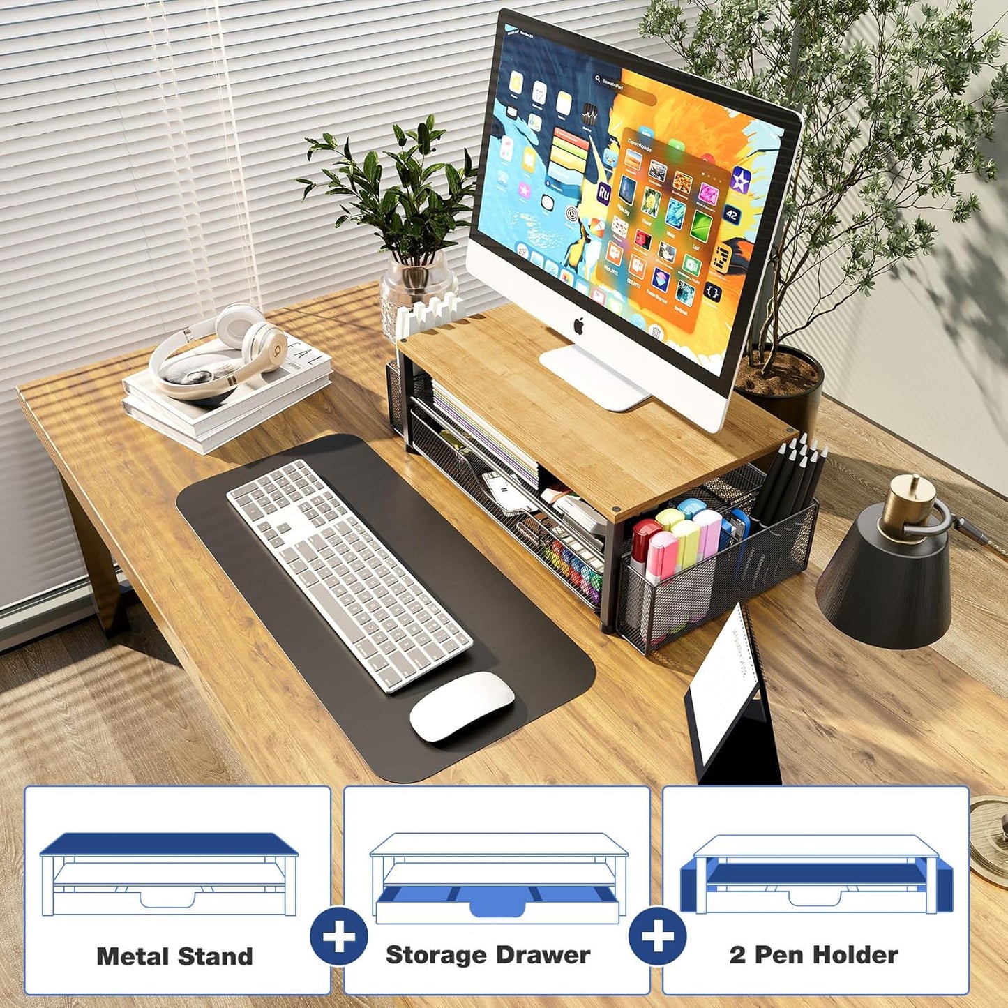 OPNICE Desk Organizers and Accessories, Computer Monitor Stand Riser with Drawer and 2 Pen Holders, Printer & Laptop Stand, Office Desk Accessories & Workspace Organizers for Home Office Supplies, Black