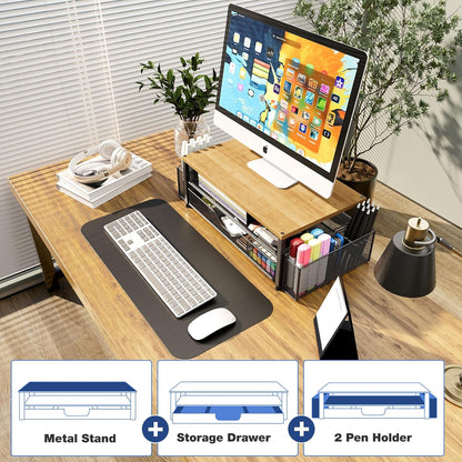 OPNICE Desk Organizers and Accessories, Computer Monitor Stand Riser with Drawer and 2 Pen Holders, Printer & Laptop Stand, Office Desk Accessories & Workspace Organizers for Home Office Supplies, Black