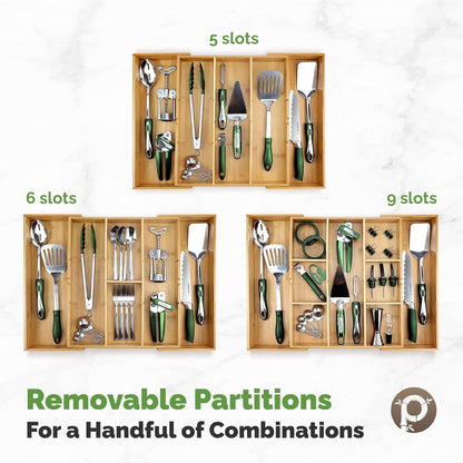 Pristine Bamboo Expandable Drawer Organizers for Kitchen - Extra Deep Non-Slip 17” x 14.6” (expands up to 25 inches) - Dark Wooden Silverware Divider (10 Compartments) – Organize Cooking Utensils