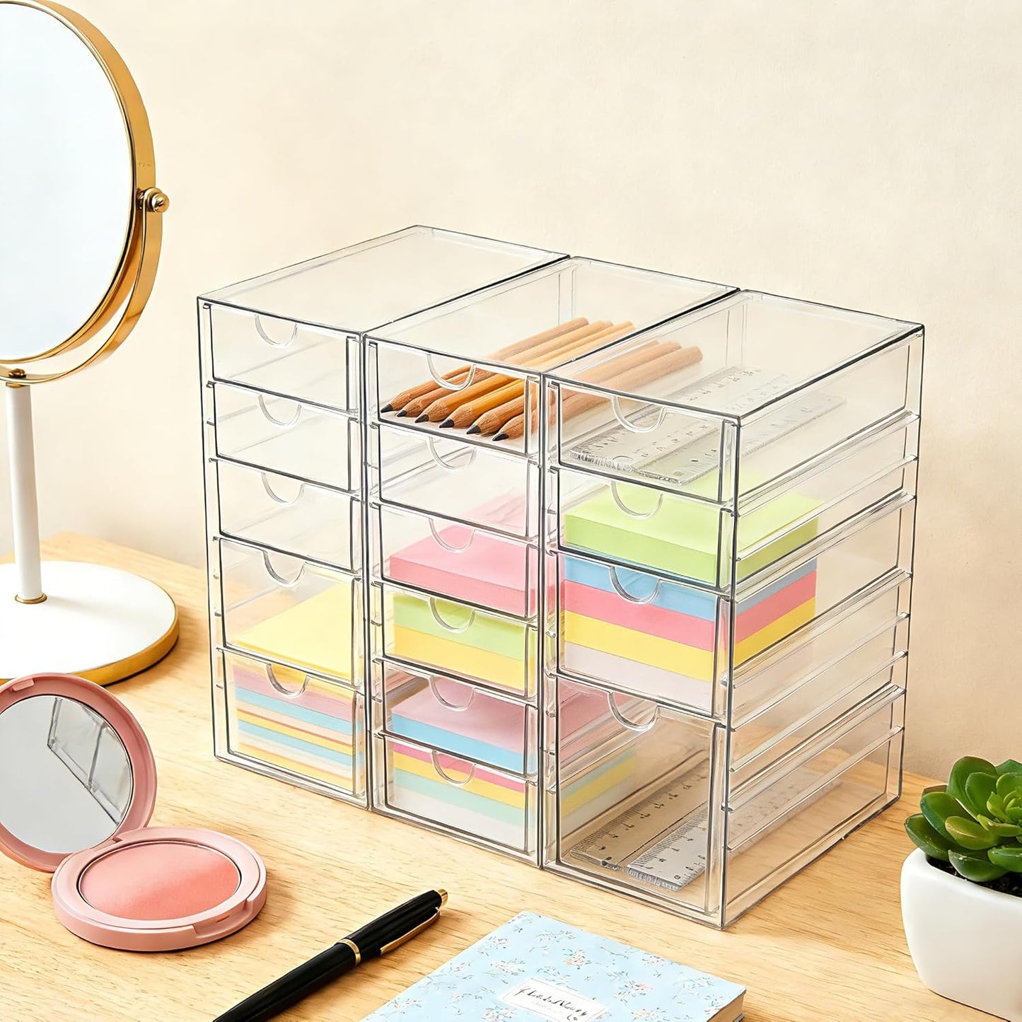 Prsildan Acrylic Makeup Organizer, 2 Pack Stackable Storage Drawers with 6 Drawers for Office Desk Vanity Craft Room Clear Drawer Organizers for Hair Accessories Art Supplies Cosmetics Modular System