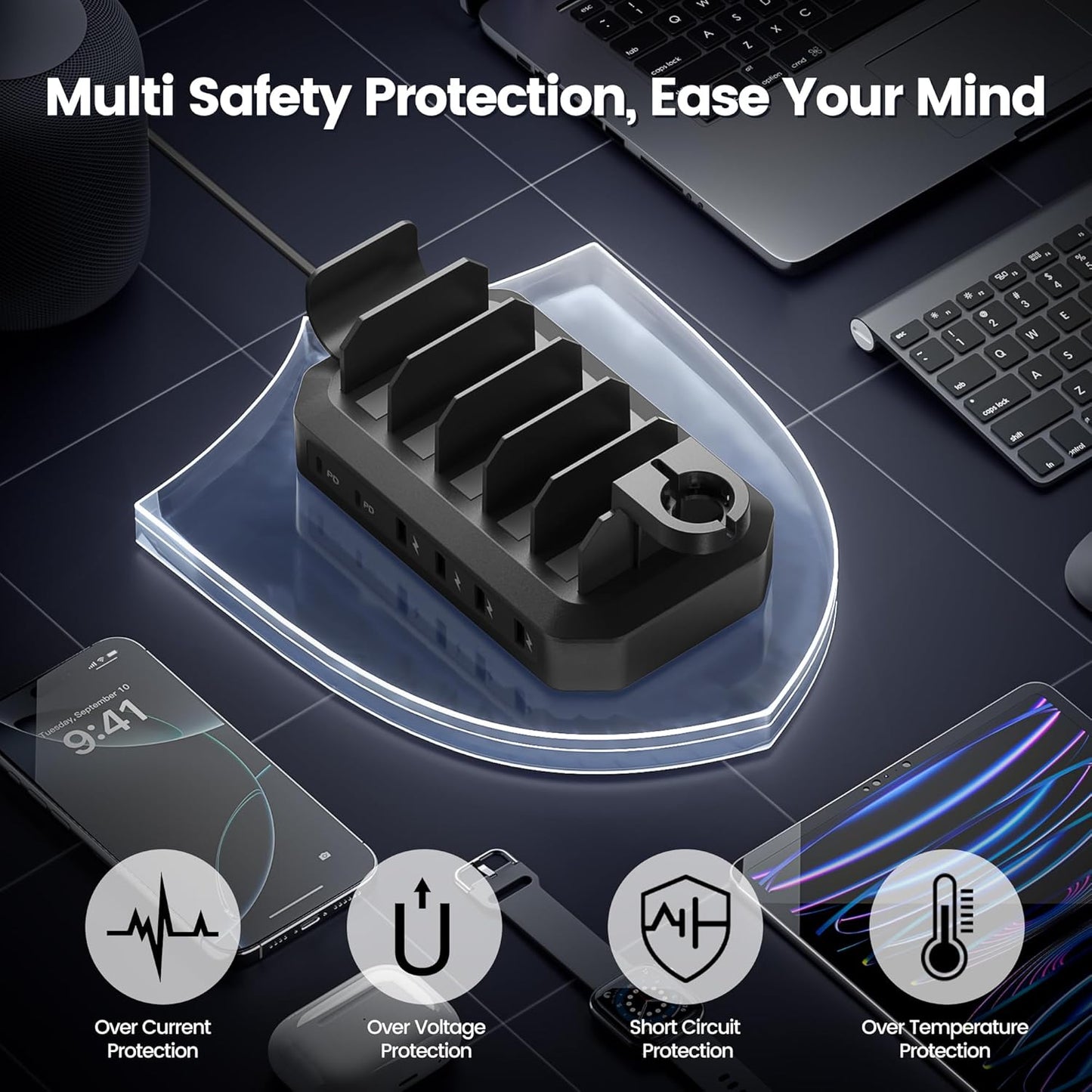 [2026 Upgrade] 190W Fast Charging Station for Multiple Devices【Certified Safer Charging】 6 Port USB Charger Station - Multi-Device Charging Dock with Phone/MacBook/iPad/Tablet (8 Mix Cables Included)