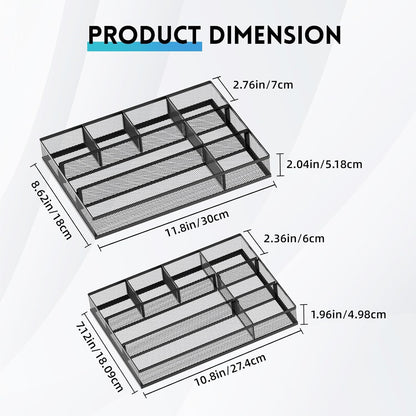 SUPEASY 2 Pack Mesh Drawer Organizer, Metal Desk Drawer Organizer Tray with 8 Adjustable Compartments, Desk Organizers and Accessories for Office Supplies, Kitchen, Makeup & Vanity (Black)