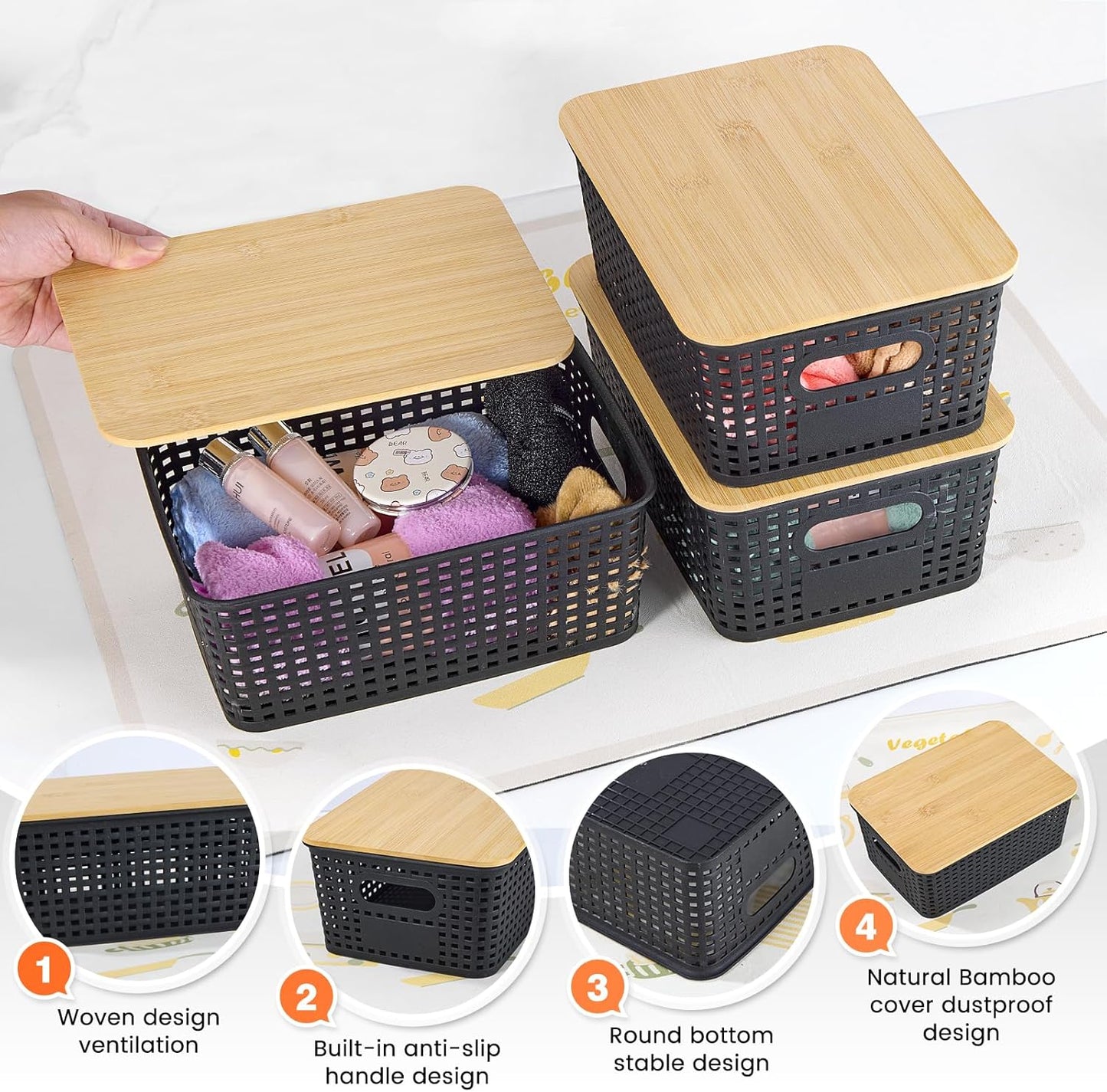 Ohmlove Plastic Storage Baskets With Bamboo Lid - Plastic Storage Containers Stackable Storage bins: Storage Baskets for Organizing Shelves Drawers Desktop Closet Playroom Classroom Office, 6 Pack