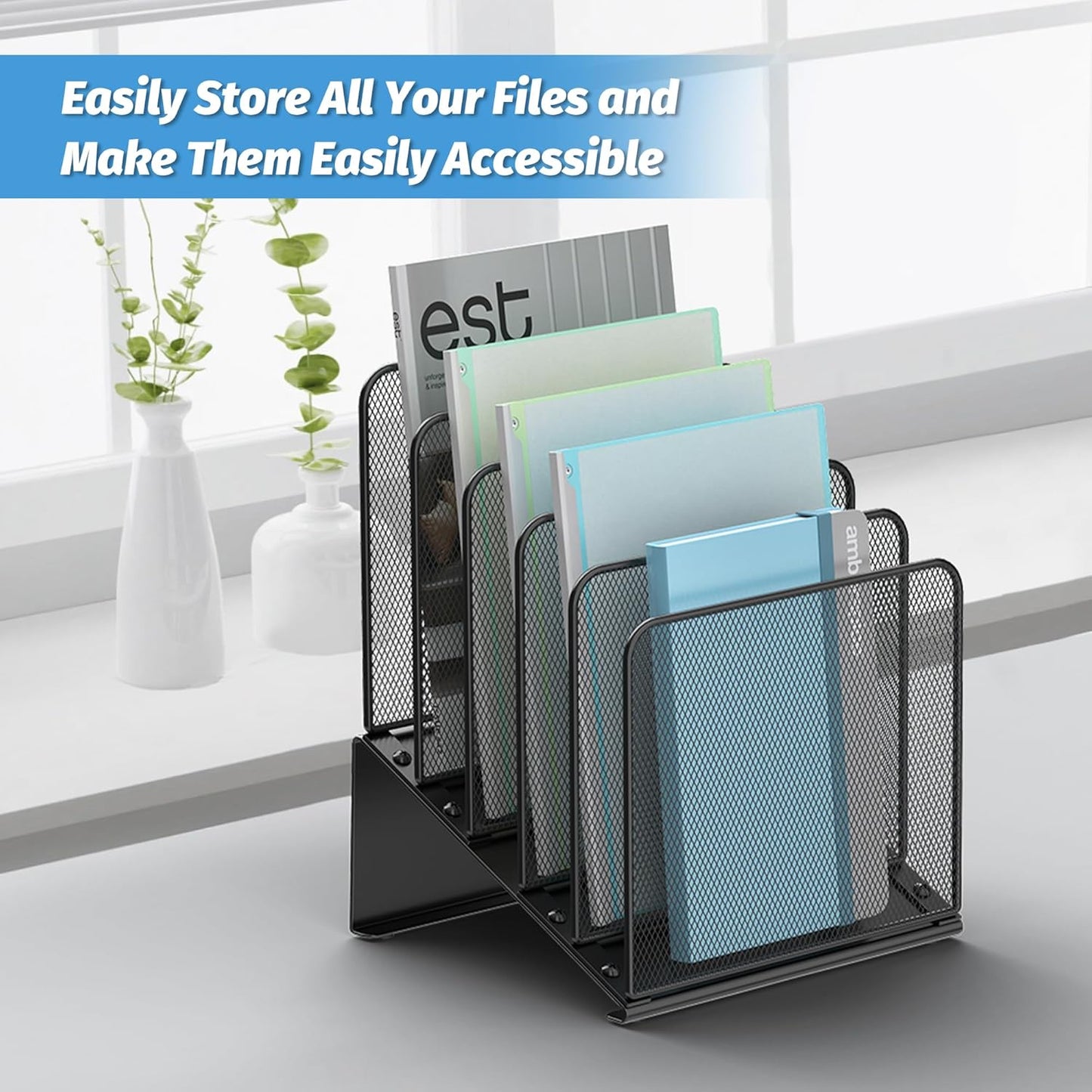 Inclined 5-Section Desk File Organizer, Vertical File Folder Holder File Sorter File Organizer for Desk Desktop Organization for Office Classroom