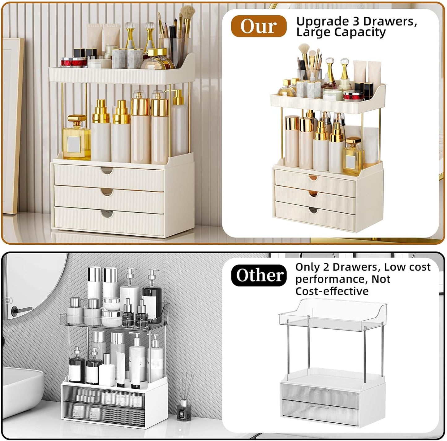 StorBin 3 Large Drawers Makeup Organizer - 5 Tier Bathroom Counter Organizers and Storage, Versatile Perfume Vanity Organizer, Ideal for Cosmetic, Large Skincare, Face Mask, Office Supplies, Amber