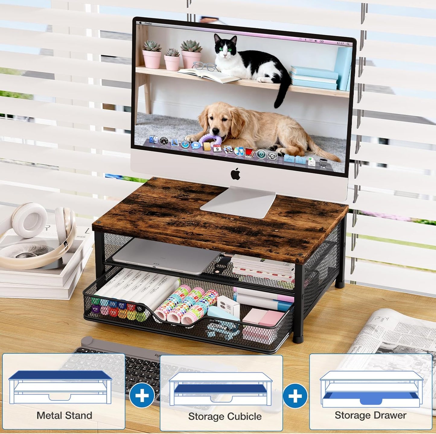 OPNICE Computer Monitor Stand Riser, Desk Organizer with Drawer, Printer & Laptop Stand, Office Desk Accessories & Workspace Desktop Organizers Storage for Office Supplies(Brown)