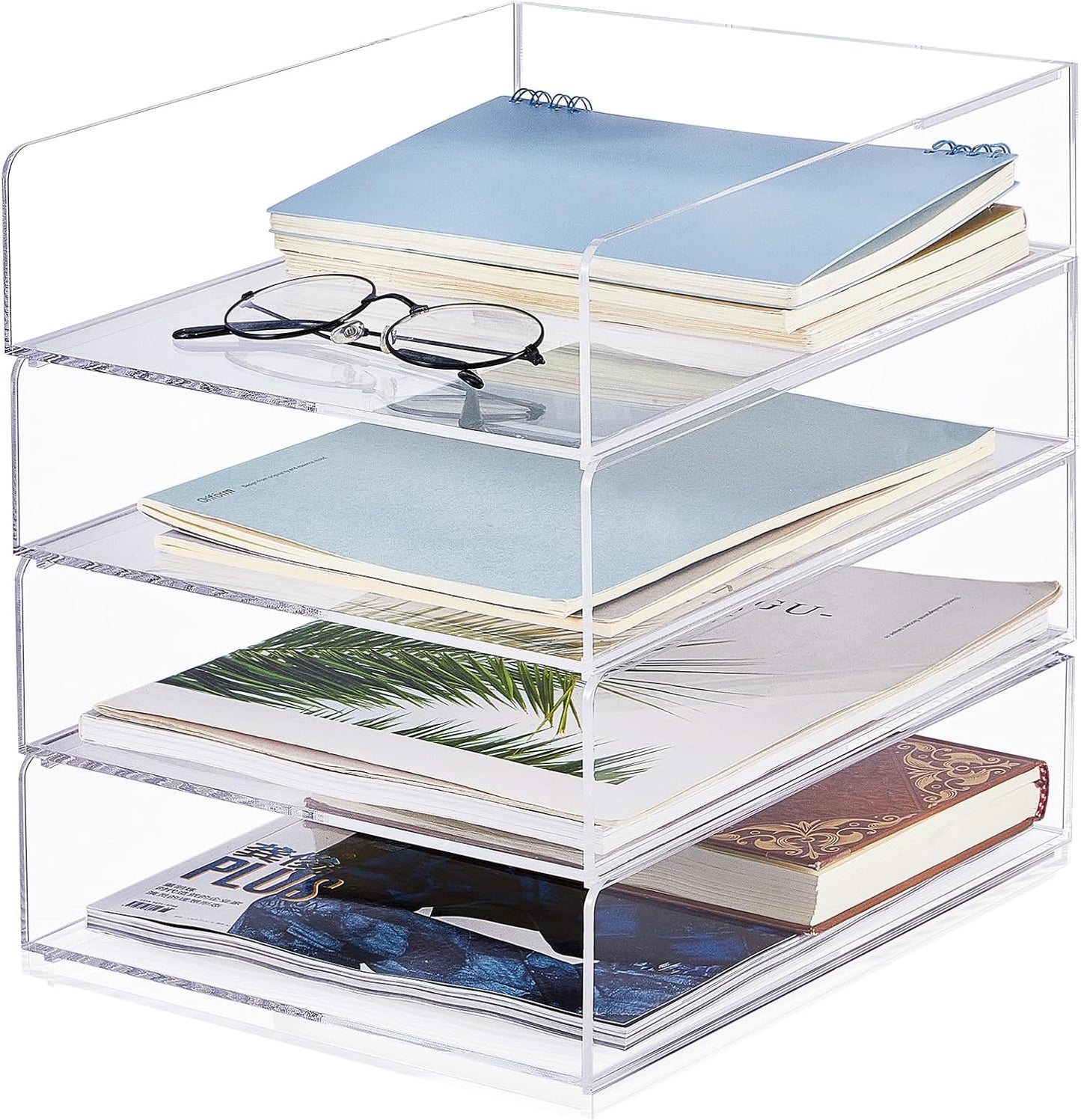 Harloon 4 Tier Paper Organizer Letter Tray Acrylic Desk File Organizer Heavy Duty Stackable Documents Clear Letter Paper Holder Sorter Office Tray for A4, Office Classroom Home File Pad Notebooks