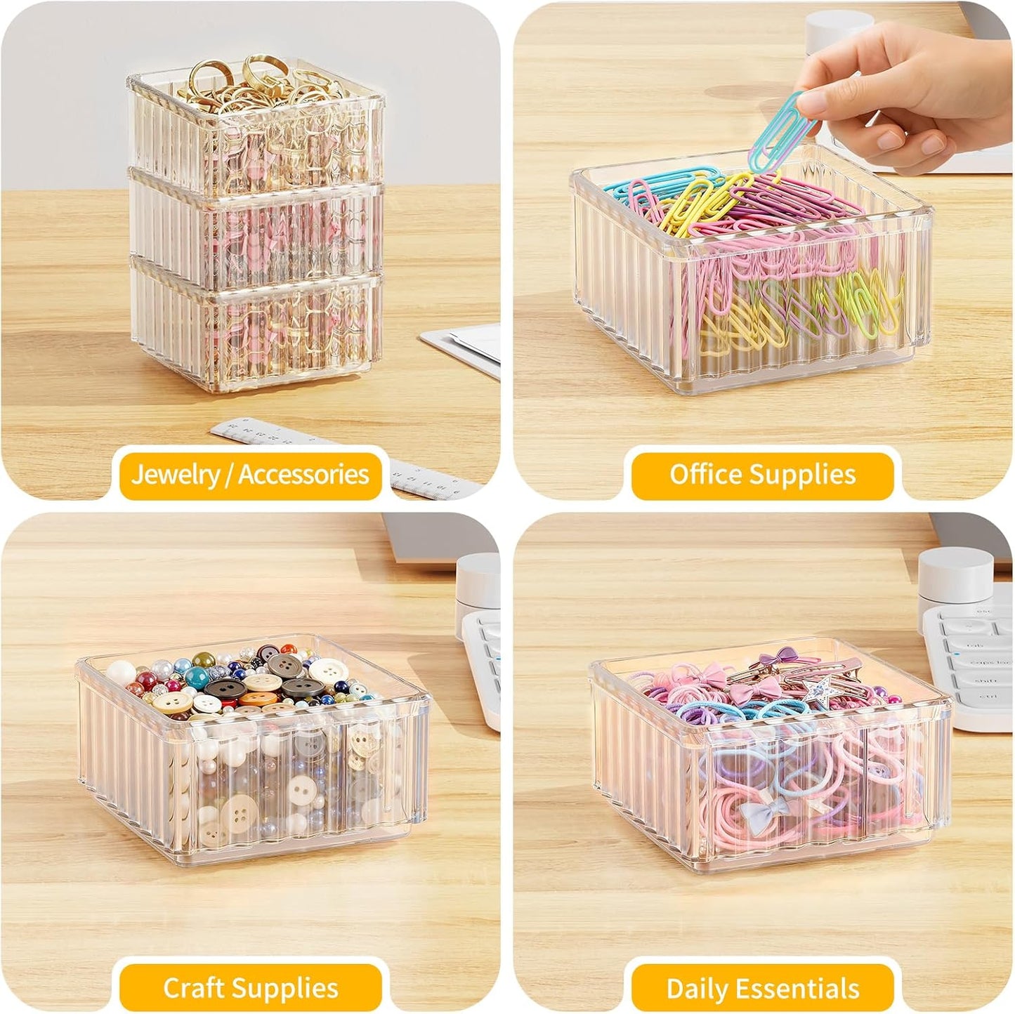 Clear Stackable Desk Organizer & Paper Clip Holder, 4 Pack - Small Desktop & Drawer Organizers for Paperclips, Binder Clips, Hair Ties, Jewelry, Pins, Multi-Purpose Storage for Office, Home & School