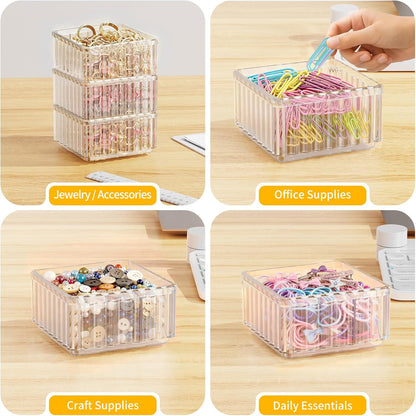 Clear Stackable Desk Organizer & Paper Clip Holder, 4 Pack - Small Desktop & Drawer Organizers for Paperclips, Binder Clips, Hair Ties, Jewelry, Pins, Multi-Purpose Storage for Office, Home & School
