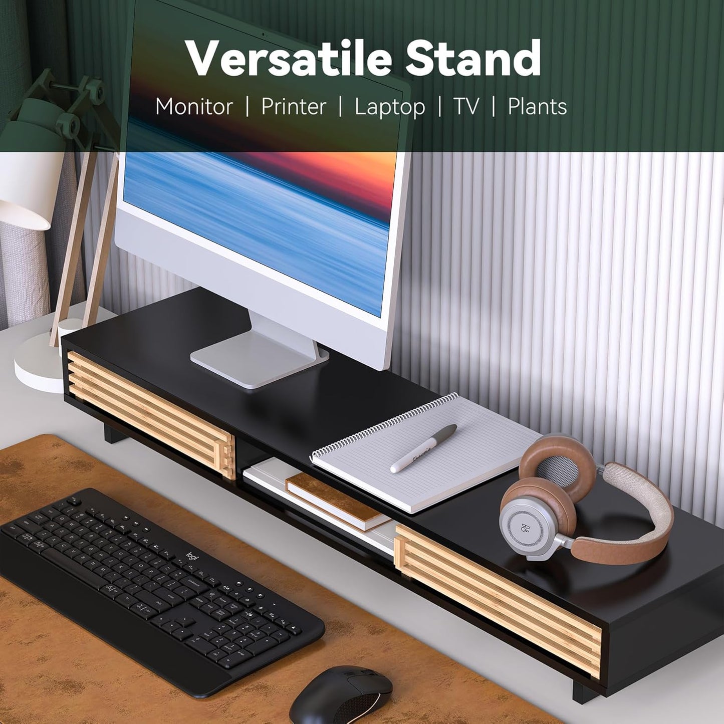 Monitor Stand Riser with Sliding Door, Computer Laptop Stand Desk Shelf Organizer with Storage (Natural Bamboo, 25 Inch)