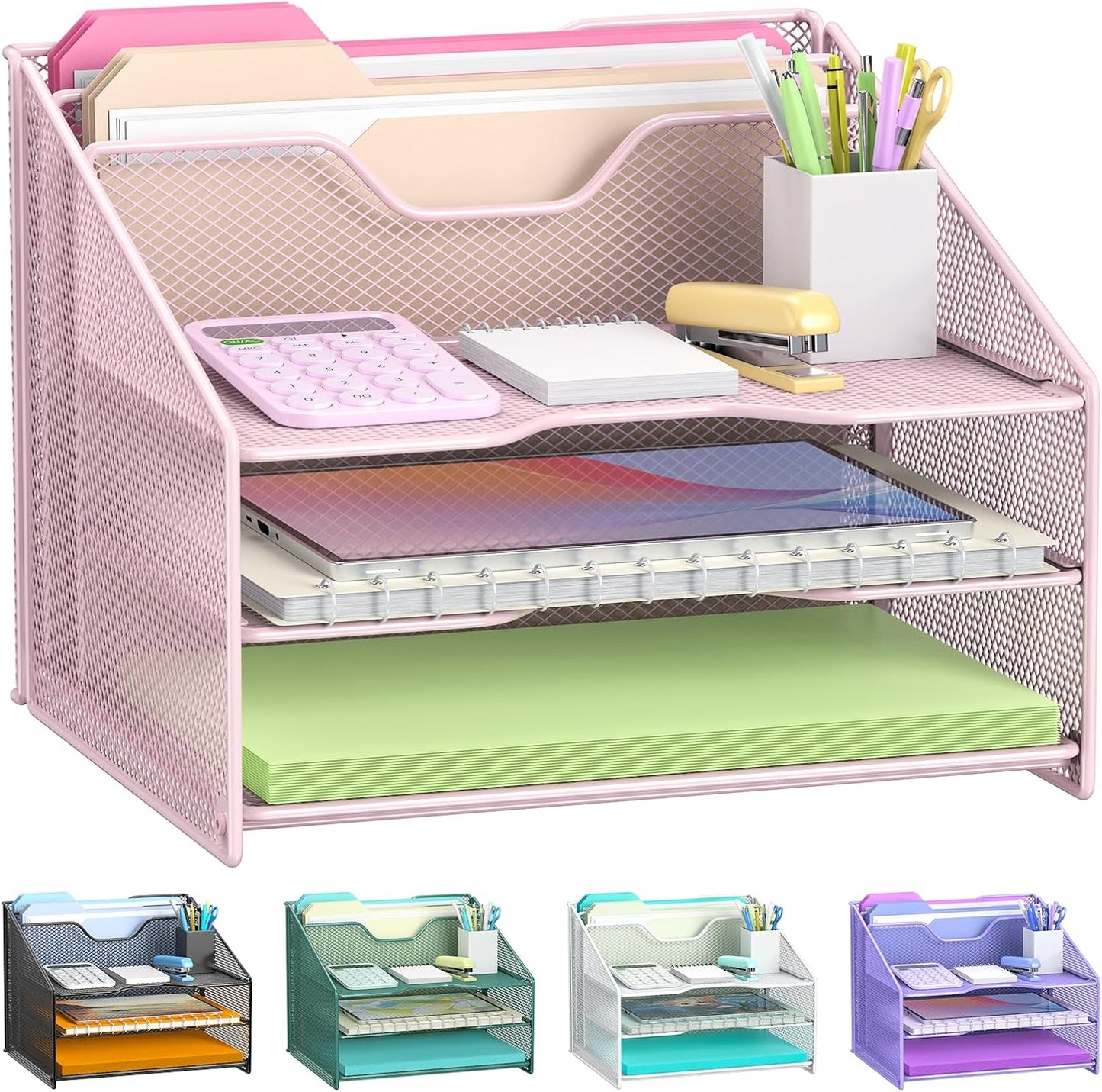 Samstar Desk File Organizer, Mesh Letter File Folder Holder with 3 Paper Trays and 2 Vertical Upright Section, for Office Supplies,Desk Accessories & Workspace,Black.