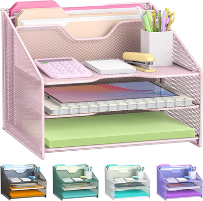 Samstar Desk File Organizer, Mesh Letter File Folder Holder with 3 Paper Trays and 2 Vertical Upright Section, for Office Supplies,Desk Accessories & Workspace,Black.