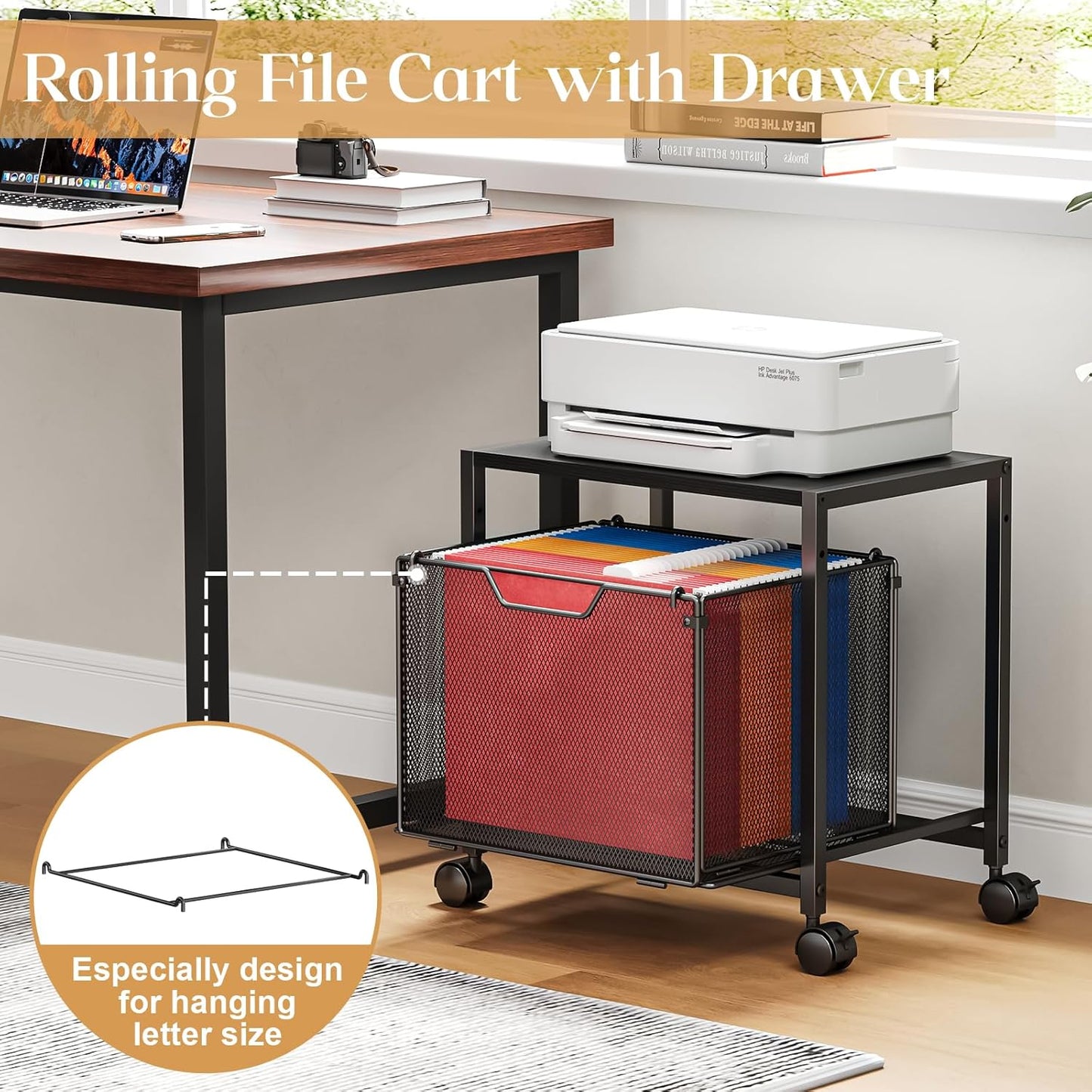 JKsmart Under Desk Storage, Printer Stand with Drawer, Rolling File Cabinet with Adjustable Table Top, 2 Tier Industrial Shelf on Fixed Feet Wheels, Sofa Side Table Organizer for Home, Office, Black