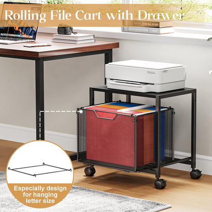 JKsmart Under Desk Storage, Printer Stand with Drawer, Rolling File Cabinet with Adjustable Table Top, 2 Tier Industrial Shelf on Fixed Feet Wheels, Sofa Side Table Organizer for Home, Office, Black