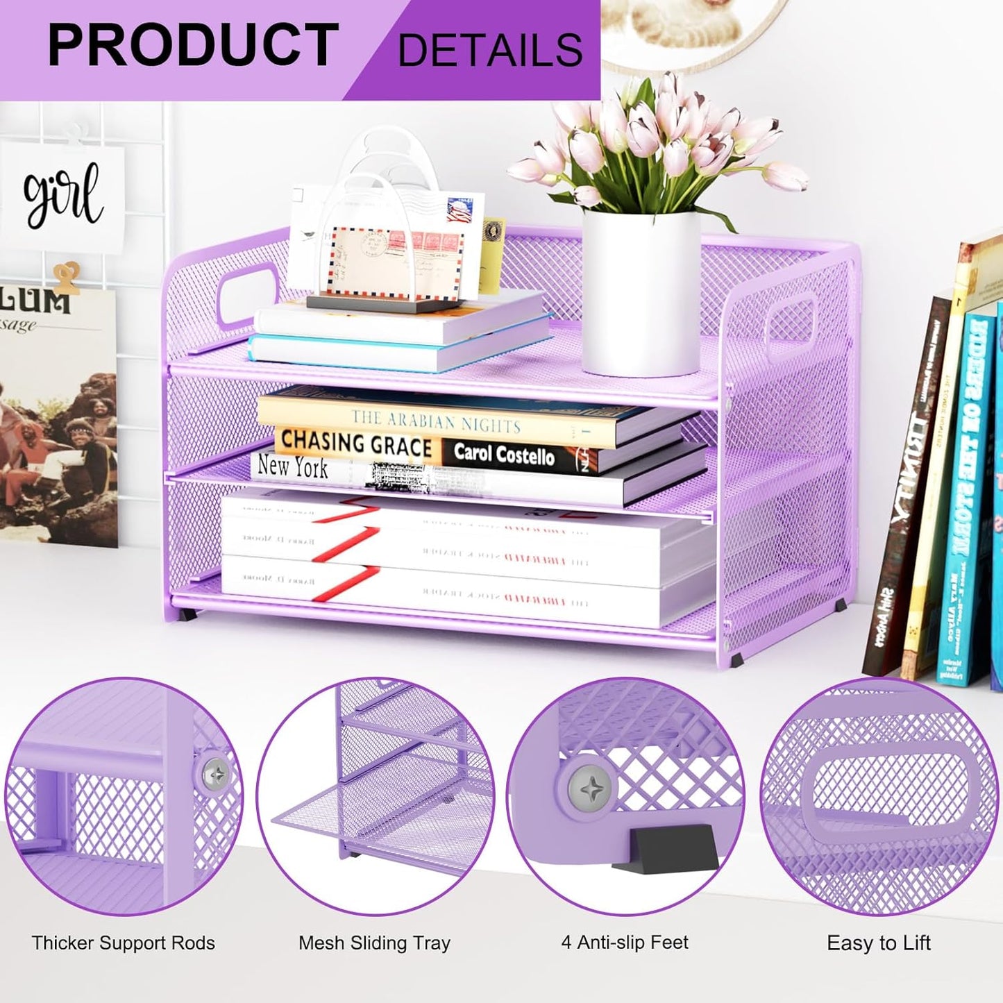 3 Tier Paper Letter Tray Organizer for Desk, Mesh File Folder Document Organizer with Handle for Home Office Supplies Desktop Accessories, Black