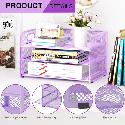 3 Tier Paper Letter Tray Organizer for Desk, Mesh File Folder Document Organizer with Handle for Home Office Supplies Desktop Accessories, Black