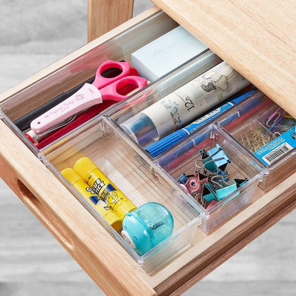 DCA 44 PCS Clear Drawer Organizers Set, 4 Size Versatile Bathroom and Vanity Organizer Trays, Cosmetic Display Cases for Makeup, Jewelries, Bedroom, Kitchen Utensils and Office