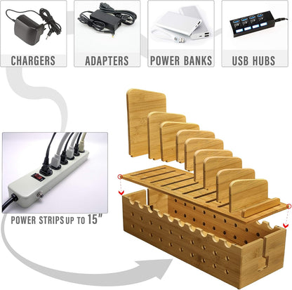 Prosumer's Choice Multi Device Charging Station - Bamboo Charging Dock and Cord Organizer for 10 Devices - Bamboo Desk Organizer Rack with Cable Box for Power Strip Storage, Phones and Tablets