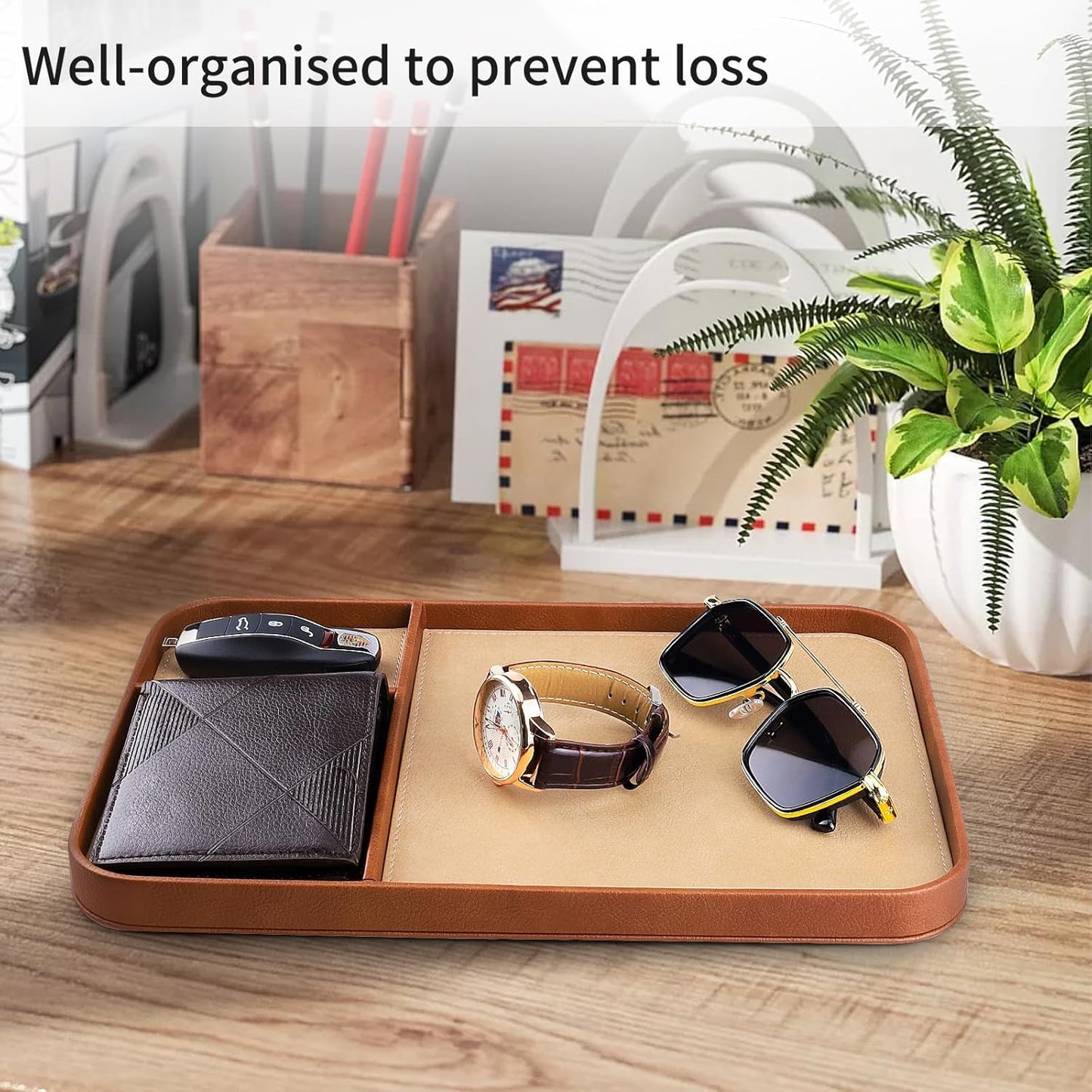 SENEN Leather Tray, Stylish and Organized Multifunctional Tray, for Table Entryway, Premium PU Leather, Catchall Tray for Keys, Watch, Wallet, Jewelry, and More (Black Frame)