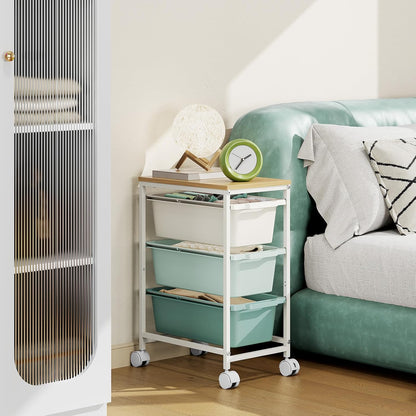 Rolling Storage Cart with 3 Drawers, Craft Organizer, Wooden Tabletop Utility Cart for Bedroom, Children's Room and Office Organization, Under Desk Trolley with Lockable Wheels,White