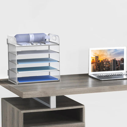 Letter Tray Paper Organizer 5-Tier Desk Organizer File Organizer Paper Holder with Handle, Metal Desktop Document Shelf Tray Office Classroom Organization - Black