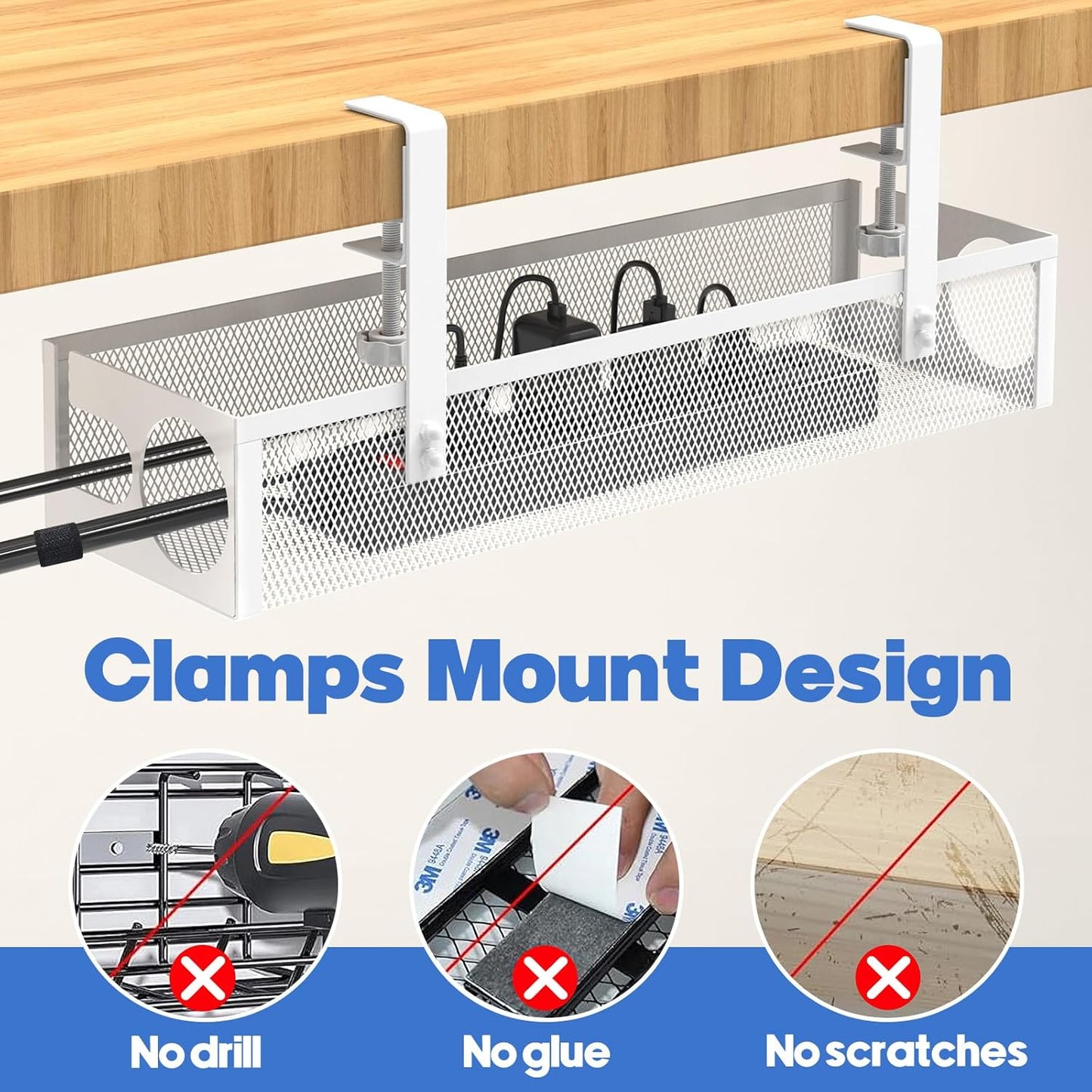 Under Desk Cable Management Tray No Drill 15.1’’, Metal Mesh Cable Management Box with Hybrid Side Slots Cable Raceway,Adjustable Cable Tray with Wire Management for Office Home,1 Pack (Black)