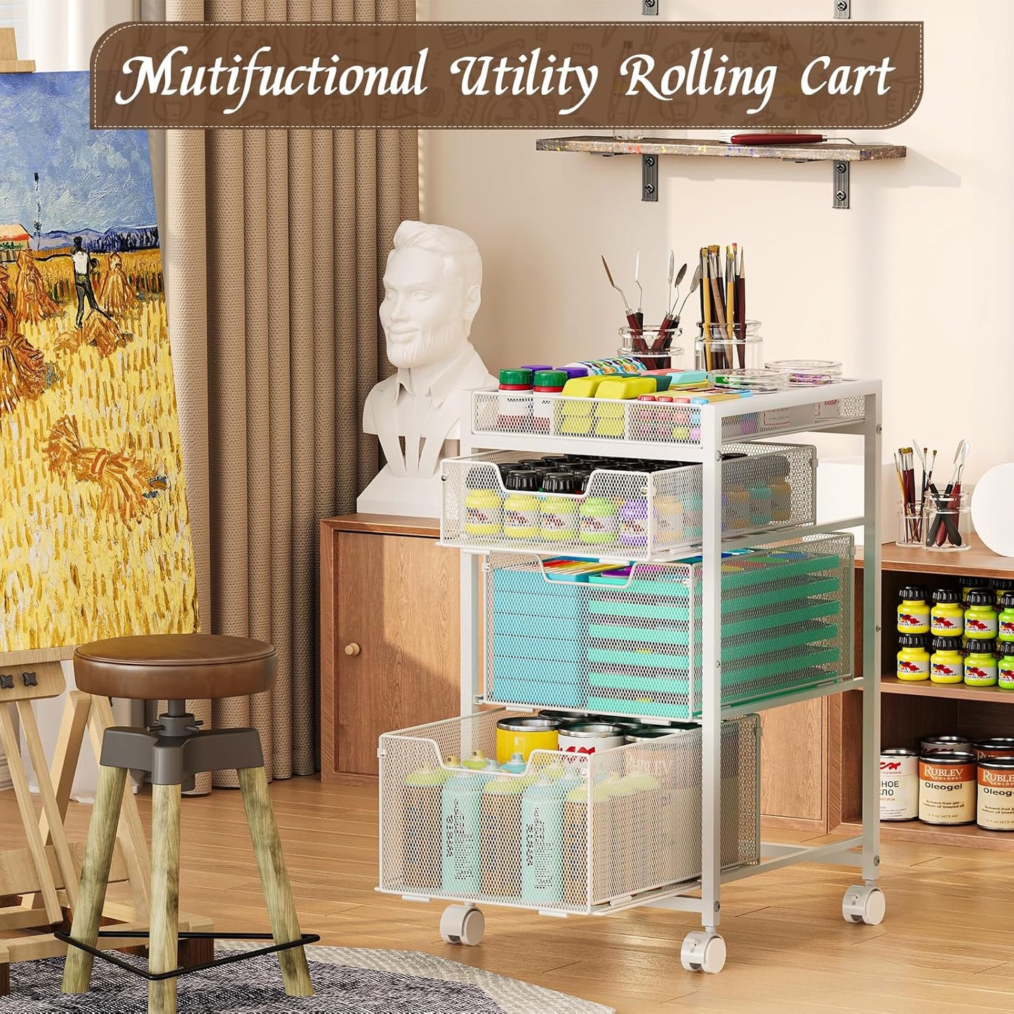 Rolling Utility Cart with 3 Drawers, Craft Organizer and Storage with DIY Divider, Lockable Wheels, Multi-Functional Storage for Art Supplies, Store for Brushes & Paints & Small Parts(Patent Pending)