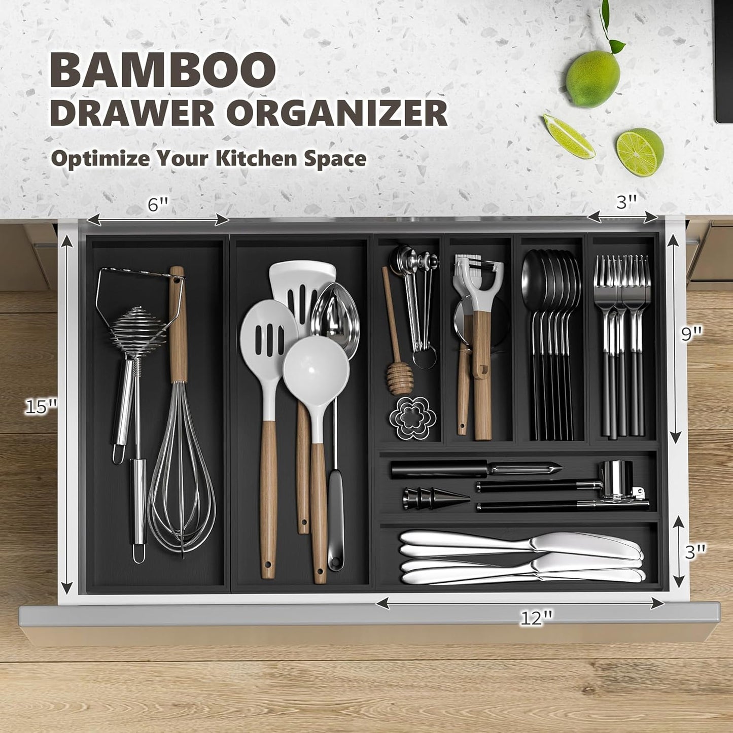 Kitchen Drawer Organizer Bins, Stackable Bamboo Drawer Organizer for Silverware, Flatware, Coffee Pod Organizer K Cup Holder for Countertop, 2 Pcs Coffee Station Organizer 12" x 6" x 2.5"