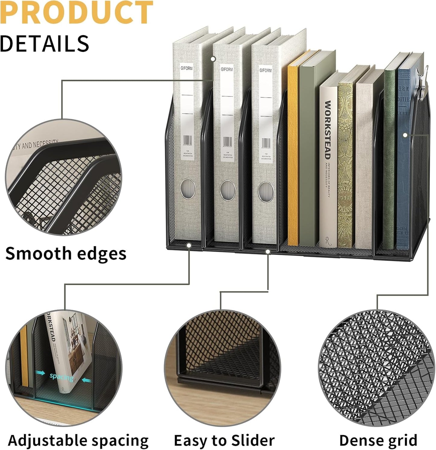 FANXIYQ Metal 7-Section File Folder Organizer for Desk | Vertical Office File Holder | Heavy-Duty Mesh Document Sorter for Books, Binders, Laptops | Black Desk Organizer (12.8”x8.5”x7.9”)