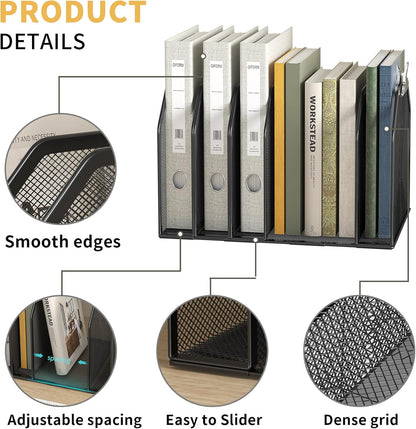 FANXIYQ Metal 7-Section File Folder Organizer for Desk | Vertical Office File Holder | Heavy-Duty Mesh Document Sorter for Books, Binders, Laptops | Black Desk Organizer (12.8”x8.5”x7.9”)