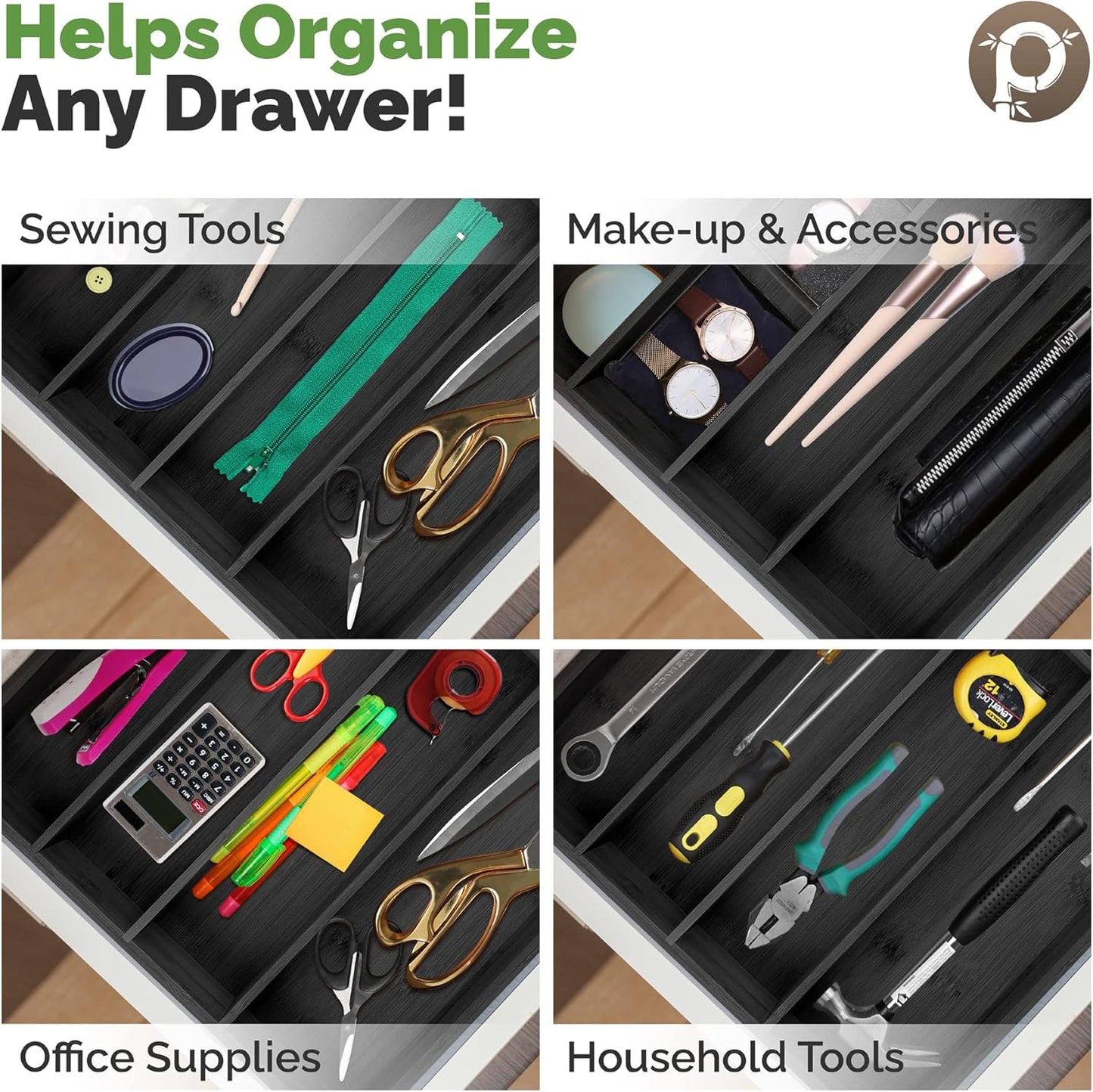 Pristine Bamboo Expandable Drawer Organizers for Kitchen - Extra Deep Non-Slip 17” x 14.6” (expands up to 25 inches) - Dark Wooden Silverware Divider (10 Compartments) – Organize Cooking Utensils