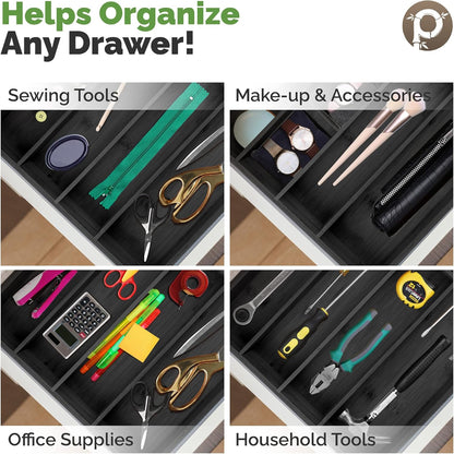 Pristine Bamboo Expandable Drawer Organizers for Kitchen - Extra Deep Non-Slip 17” x 14.6” (expands up to 25 inches) - Dark Wooden Silverware Divider (10 Compartments) – Organize Cooking Utensils