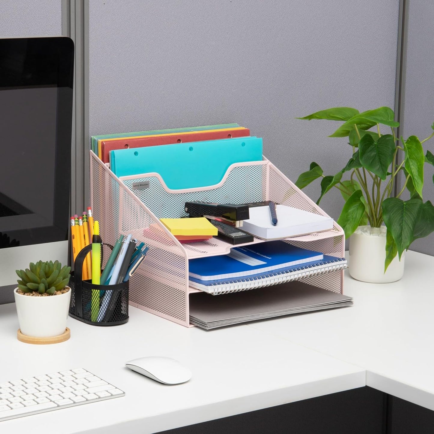 Mind Reader Metal Mesh Desktop File Organizer, 3-Tier Paper Tray with 5 Compartments, Office Mail Sorter, White
