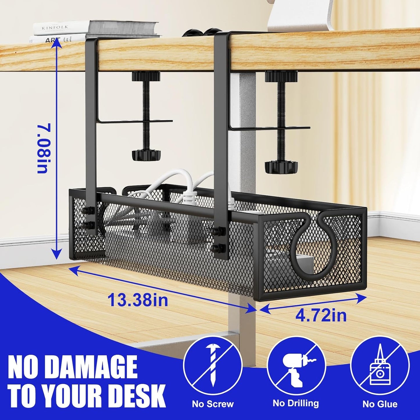 REFLYING Under Desk Cable Management Tray, Metal Long Arms (3.9in), No Drill Mesh Cable Tray, Wire Organizer, 1 Pack, Black