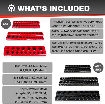 EACELIY 6-Piece Magnetic Socket Organizer Set, 1/2", 1/4" and 3/8" SAE & Metric Deep & Shallow Socket Holder Kit, holds 141 stanard Sockets, attaches to steel box/tool cart (sockets not included)