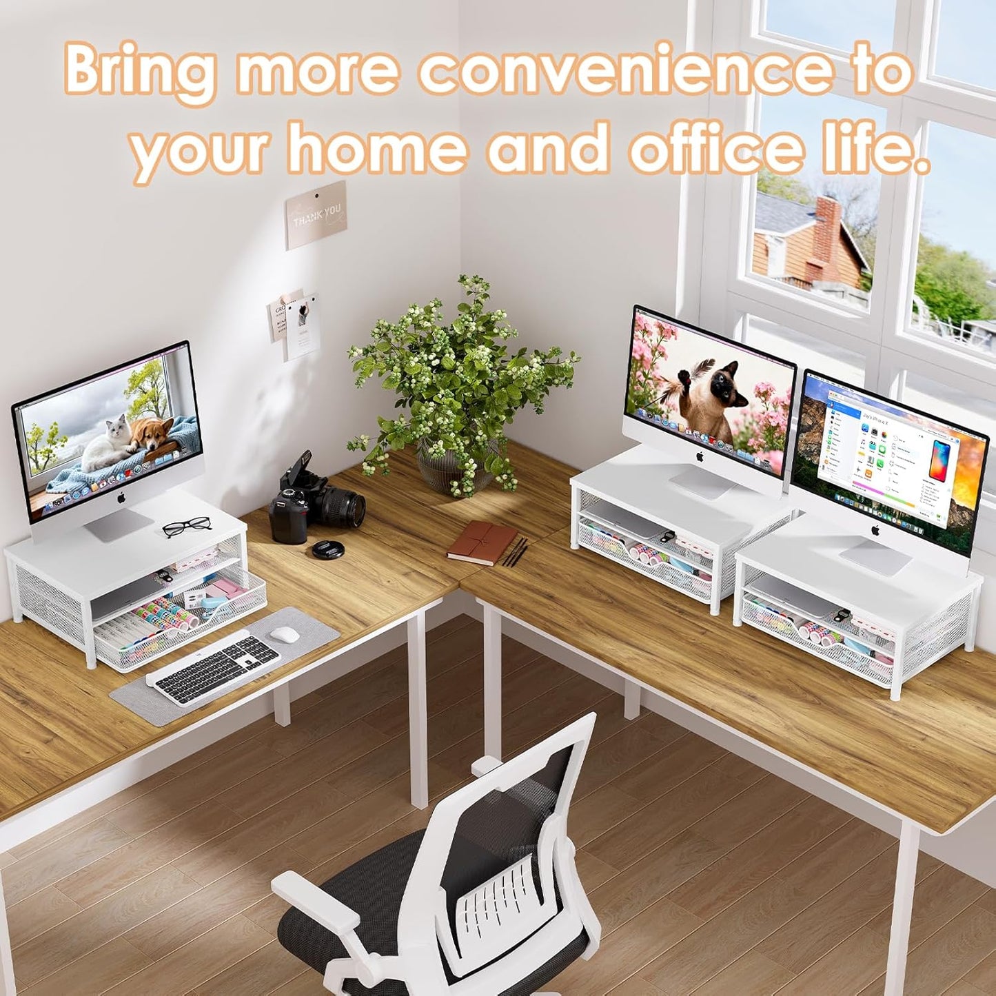 OPNICE Computer Monitor Stand Riser, Desk Organizer with Drawer, Printer & Laptop Stand, Office Desk Accessories & Workspace Desktop Organizers Storage for Office Supplies(Brown)
