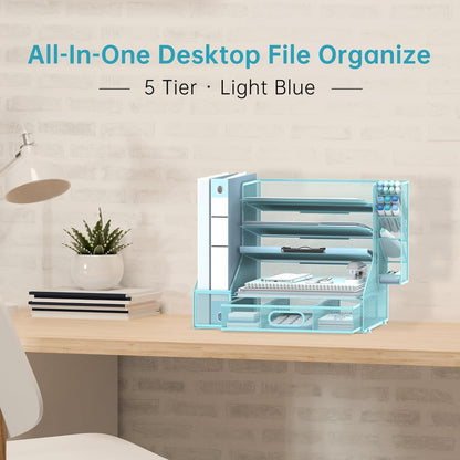 SUPEASY Desk Organizer with File Holder, 5-Tier Mesh Paper Letter Tray and 3 Tilted File Sorter for Office Supplies, Black