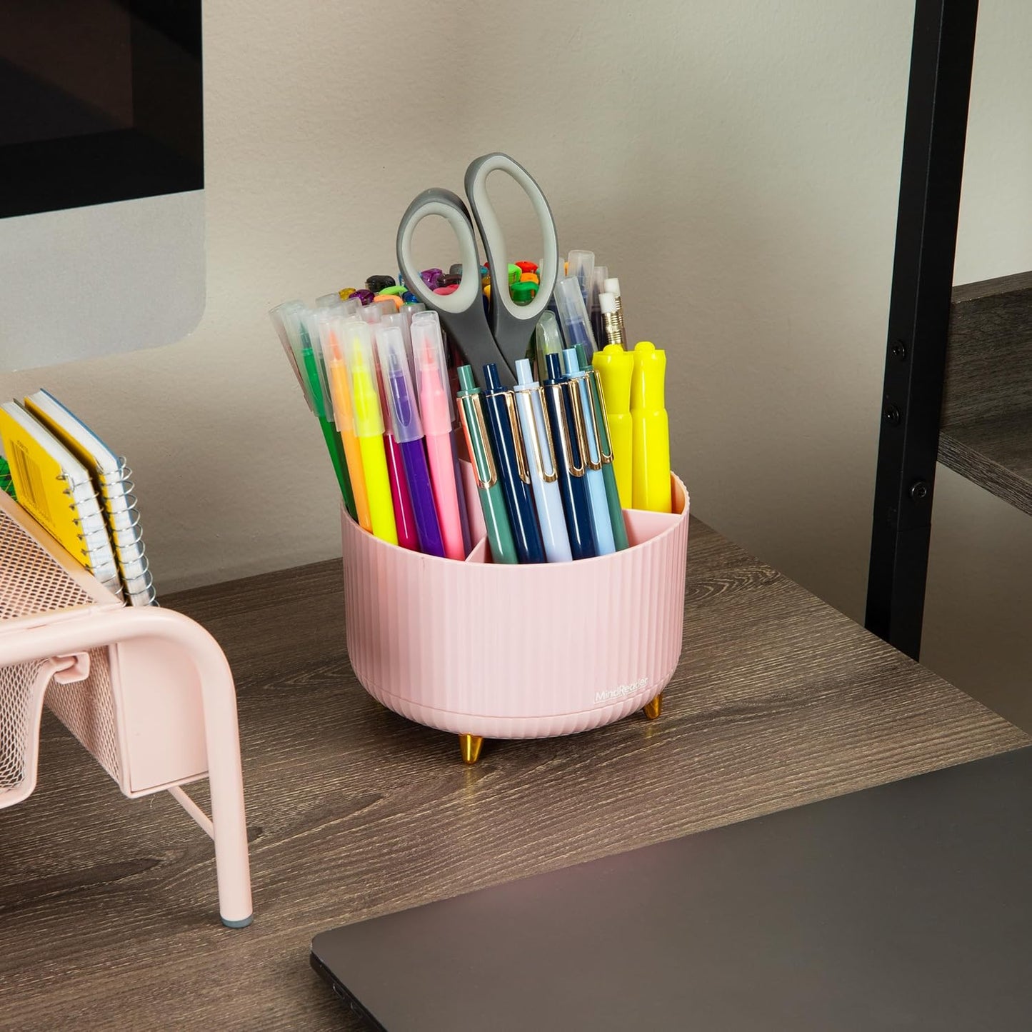 Mind Reader Rotating Pen Cup, Accessory Holder, Desktop Organization, Office, Plastic, 5.75" L x 5.75" W x 4.75" H, Pink