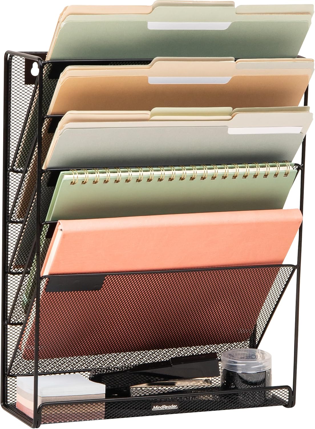 Mind Reader 5-Pocket Vertical File Storage, Desktop Organizer, Wall Mount, Office, Metal Mesh, Pink