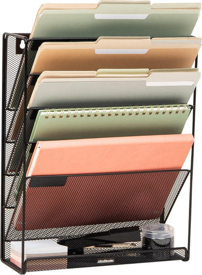 Mind Reader 5-Pocket Vertical File Storage, Desktop Organizer, Wall Mount, Office, Metal Mesh, Pink